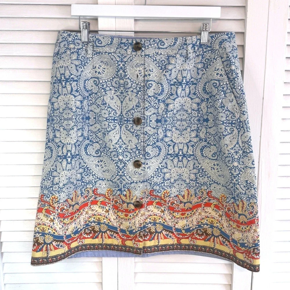 LANDS' END Womens Boho Paisley‎ Button Skirt SZ 12